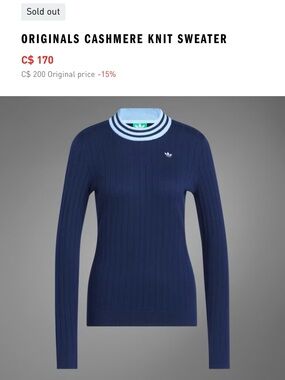 adidas Navy Ribbed Cashmere Sweater with Light Blue Trim